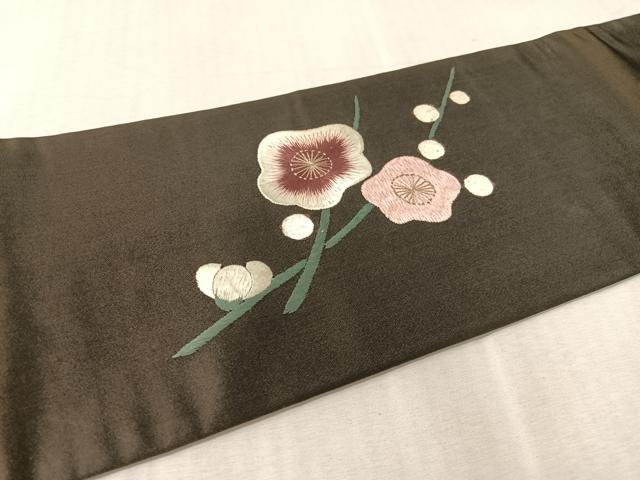 平和屋着物●アンティーク 大正ロマン 総手刺繍 九寸名古屋仕立て 枝花鳥文 黒地 正絹 逸品 CABJ7591vp