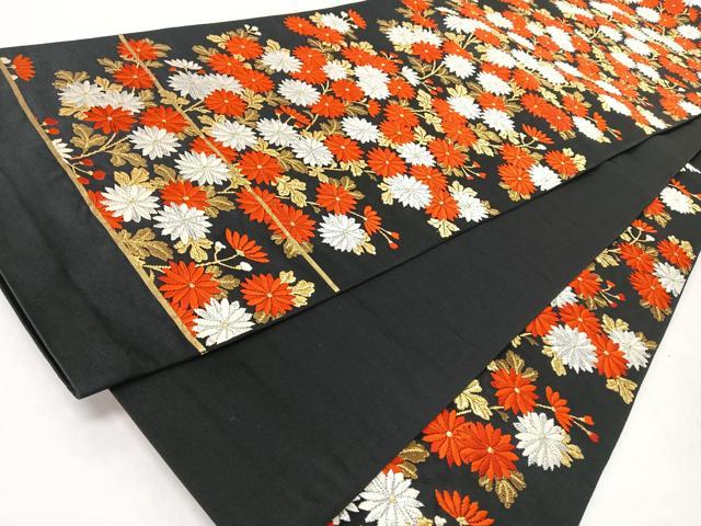 平和屋着物◎六通柄袋帯 唐織 枝菊文 黒地 金銀糸 正絹 逸品 CABJ7614nb