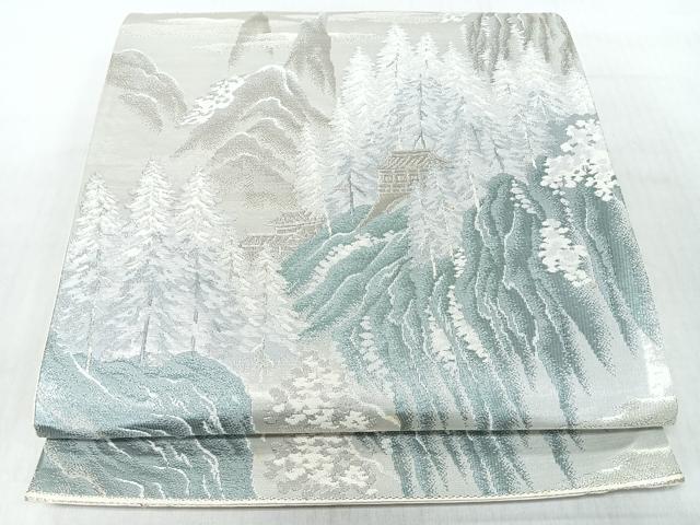 平和屋着物◎六通柄袋帯 遠山風景文 銀糸 正絹 逸品 CABJ7615nb