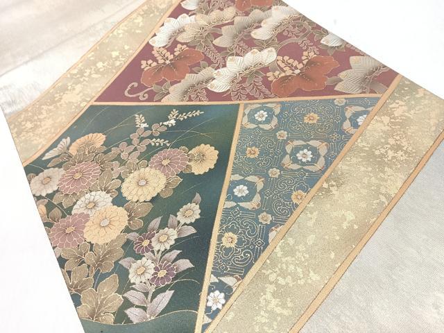 平和屋着物◎太鼓柄袋帯 草花文 金彩 引箔 正絹 逸品 CABJ7622nb