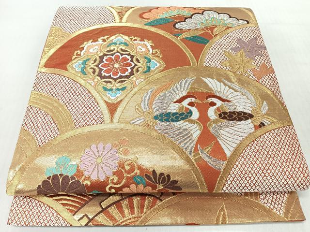 平和屋着物◎全通柄袋帯 唐織 青海波向かい鳥花文 金銀糸 正絹 逸品 CABJ7635nb