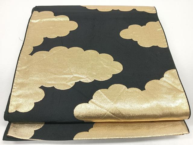 平和屋着物◎六通柄袋帯 雲取り文様 黒地 金糸 正絹 逸品 CABJ7648nb