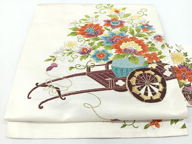 平和屋着物◎九寸名古屋帯 唐織 花車文 金銀糸 正絹 逸品 CABJ7673nb