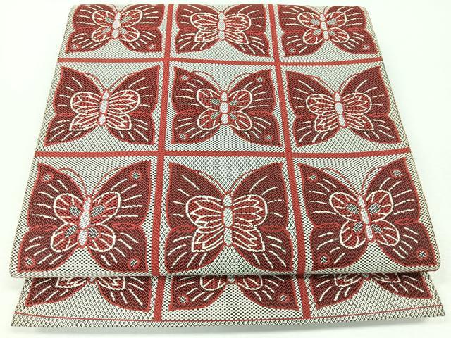 平和屋着物◎八寸名古屋帯 格子舞蝶文 銀糸 正絹 逸品 CABJ7675nb