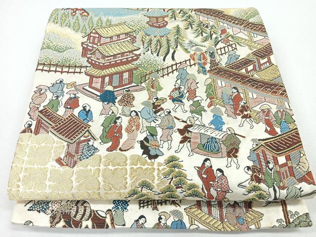 平和屋着物◎六通柄袋帯 人物風景文 金糸 正絹 逸品 CABJ7678nb