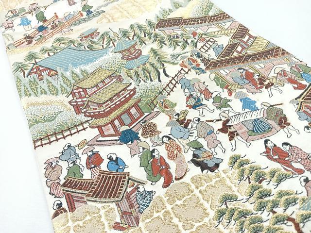 平和屋着物◎六通柄袋帯 人物風景文 金糸 正絹 逸品 CABJ7678nb