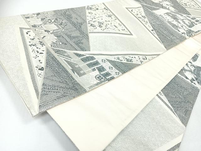 平和屋着物◎六通柄袋帯 人物風景文 銀糸 正絹 逸品 CABJ7683nb