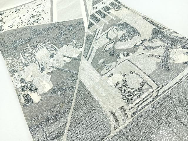平和屋着物◎六通柄袋帯 人物風景文 銀糸 正絹 逸品 CABJ7683nb