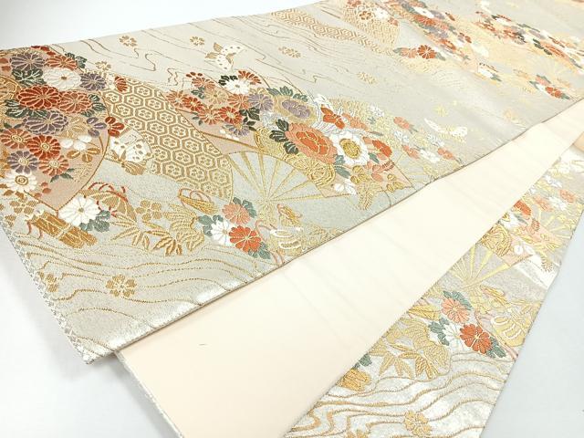 平和屋着物◎六通柄袋帯 唐織 扇面花車舞蝶文 金銀糸 正絹 逸品 未使用 CABJ7689nb