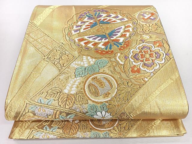 平和屋着物◎六通柄袋帯 唐織 雪輪花蝶文 竹 金銀糸 正絹 逸品 CABJ7697nb