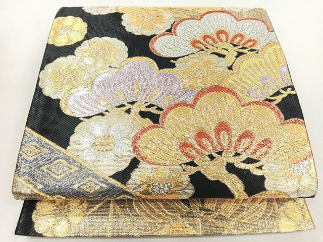 平和屋着物◎六通柄袋帯 梅 松 黒地 金銀糸 正絹 逸品 未使用 CABJ7698nb