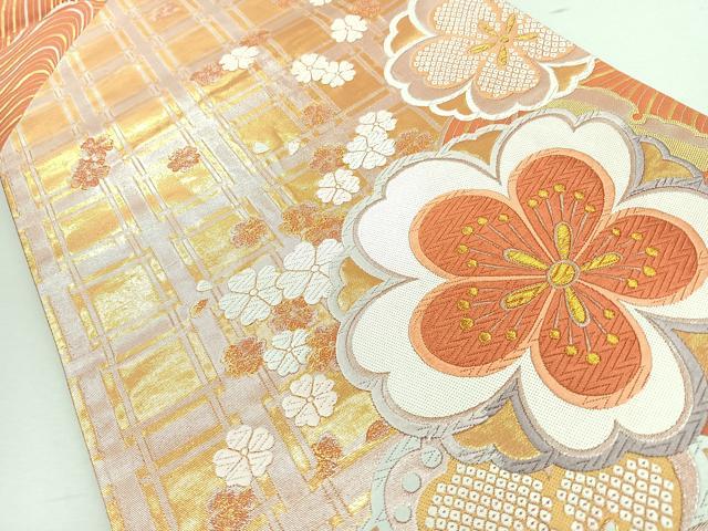 平和屋着物◎六通柄袋帯 唐織 草花文 金糸 正絹 逸品 CABJ7701nb