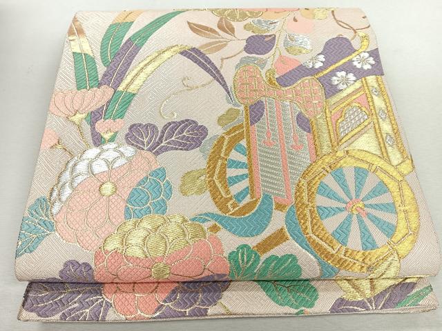 平和屋着物◎佐賀錦 六通柄袋帯 唐織 御所車草花文 金銀糸 正絹 逸品 CABJ7702nb