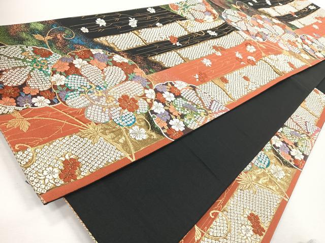 平和屋着物◎六通柄袋帯 唐織 雪輪花唐草文 竹 黒地 金糸 正絹 逸品 CABJ7703nb
