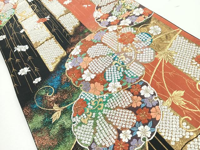 平和屋着物◎六通柄袋帯 唐織 雪輪花唐草文 竹 黒地 金糸 正絹 逸品 CABJ7703nb