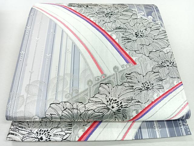 平和屋着物◎六通柄袋帯 唐織 舞花文 銀糸 正絹 逸品 未使用 CABJ7704nb