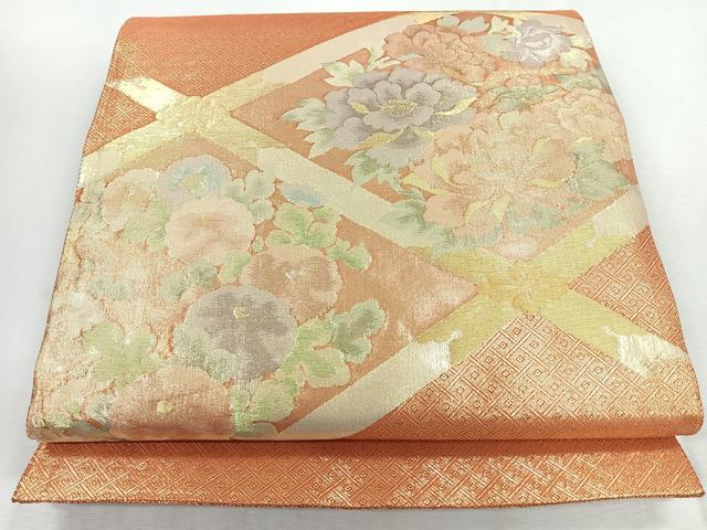 平和屋着物◎佐賀錦 太鼓柄袋帯 草花文 金糸 正絹 逸品 CABJ7742nb