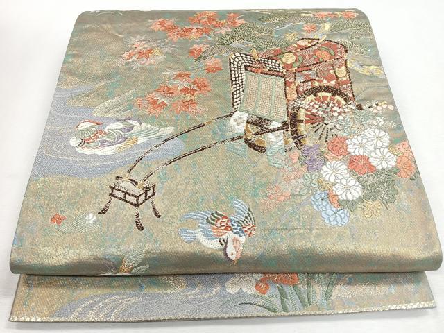 平和屋着物◎六通柄袋帯 唐織 御所解庭園紋 金糸 正絹 逸品 CABJ7752nb