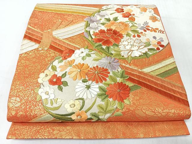 平和屋着物◎太鼓柄袋帯 総刺繍 駒刺繍 草花丸文 正絹 逸品 CABJ7770nb