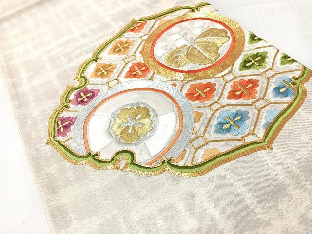 平和屋着物◎太鼓柄袋帯 総刺繍 駒刺繍 蜀江草花文 金銀糸 正絹 逸品 未使用 CABJ7772nb