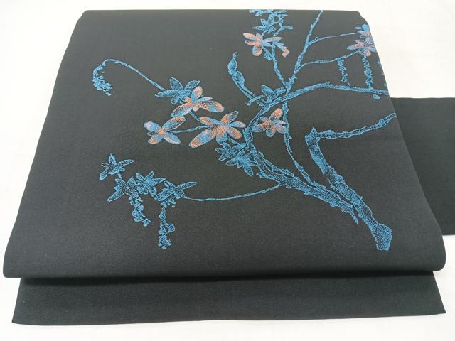 平和屋着物◎創作 九寸名古屋帯 草花文 黒地 CABJ7780nb