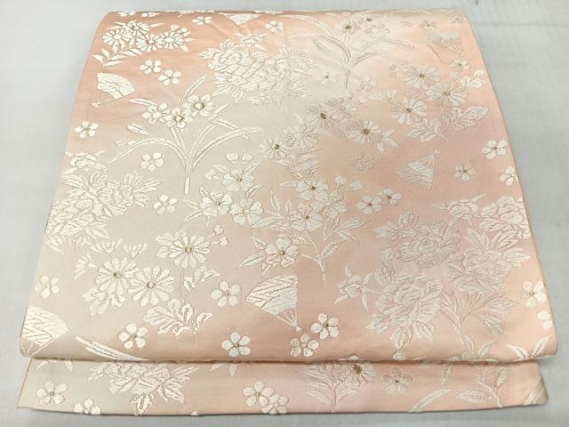 平和屋着物◎六通柄袋帯 唐織 扇面草花文 金糸 正絹 逸品 CABJ7789nb