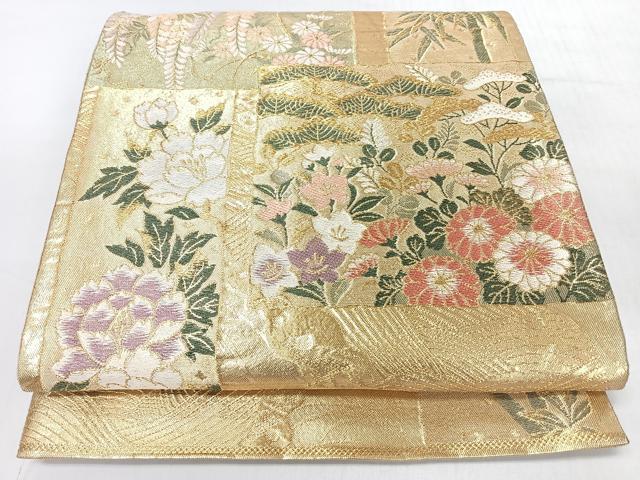平和屋着物◎六通柄袋帯 流水色紙草花文 金糸 正絹 逸品 CABJ7790nb