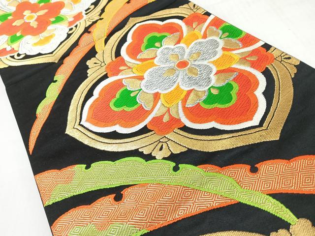 平和屋着物◎六通柄袋帯 唐織 更紗花文 黒地 金銀糸 正絹 逸品 CABJ7791nb