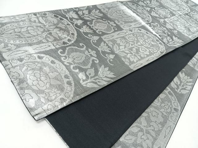 平和屋着物◎六通柄袋帯 更紗草花文 銀糸 正絹 逸品 CABJ7792nb