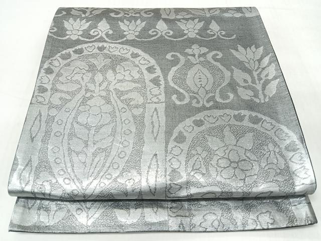 平和屋着物◎六通柄袋帯 更紗草花文 銀糸 正絹 逸品 CABJ7792nb