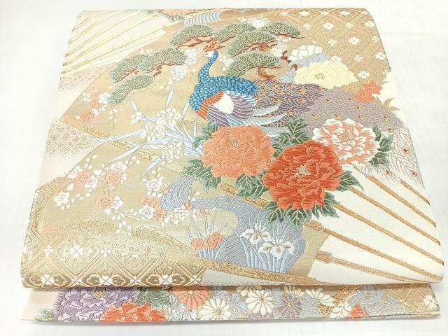 平和屋着物◎六通柄袋帯 唐織 扇面草花孔雀文 金銀糸 正絹 逸品 CABJ7812nb