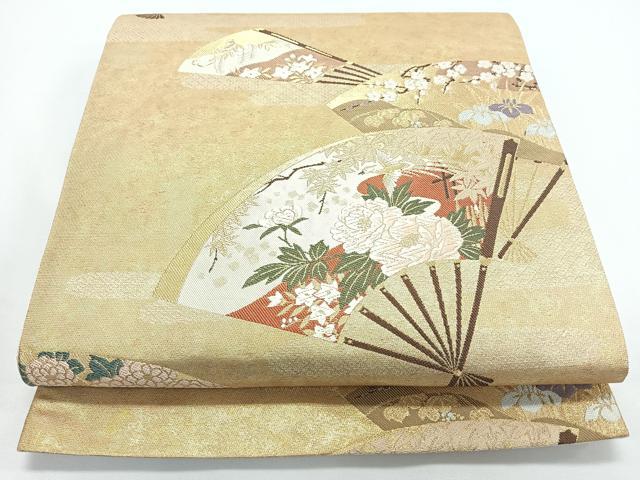平和屋着物◎六通柄袋帯 唐織 扇面花鳥文 金糸 正絹 逸品 CABJ7848nb