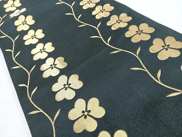 平和屋着物◎全通柄 九寸開き名古屋帯 草花文 黒地 金糸 未使用 CABJ7850nb
