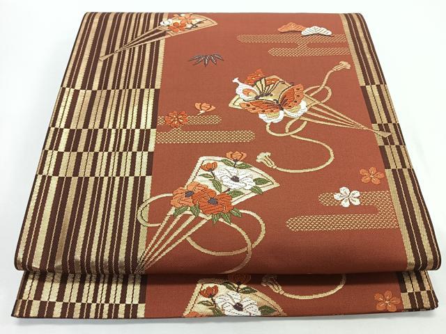 平和屋着物◎六通柄袋帯 唐織 扇面花蝶文 松竹梅 金糸 正絹 逸品 CABJ7860nb