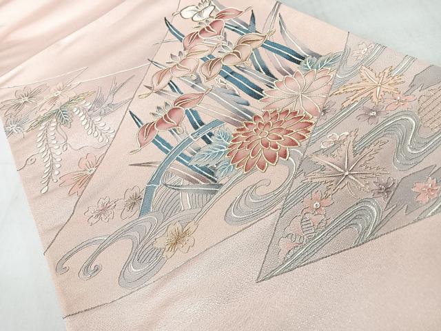 平和屋着物◎太鼓柄袋帯 駒刺繍 切嵌花鳥文 金銀糸 正絹 逸品 CABJ7866nb