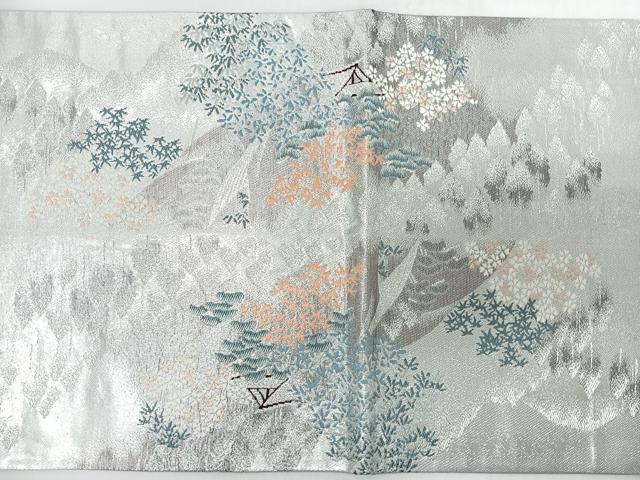 平和屋着物◎太鼓柄袋帯 唐織 遠山飛鶴草花文 銀糸 正絹 逸品 CABJ7892nb