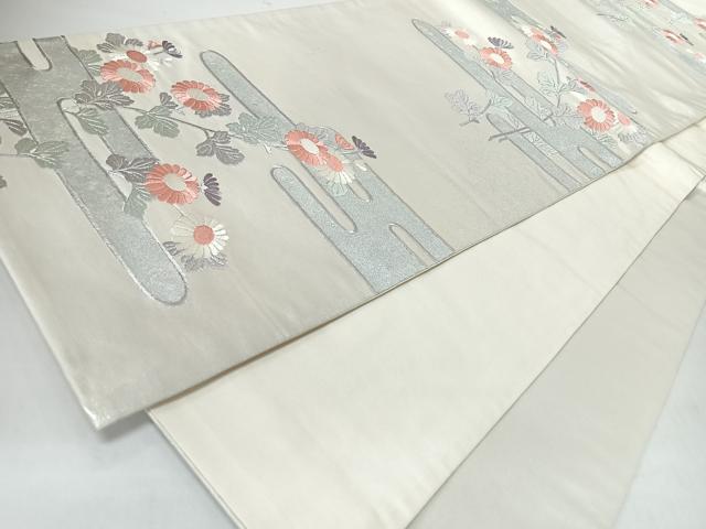 平和屋着物◎太鼓柄袋帯 刺繍 草花文 銀糸 正絹 逸品 CABJ7902nb