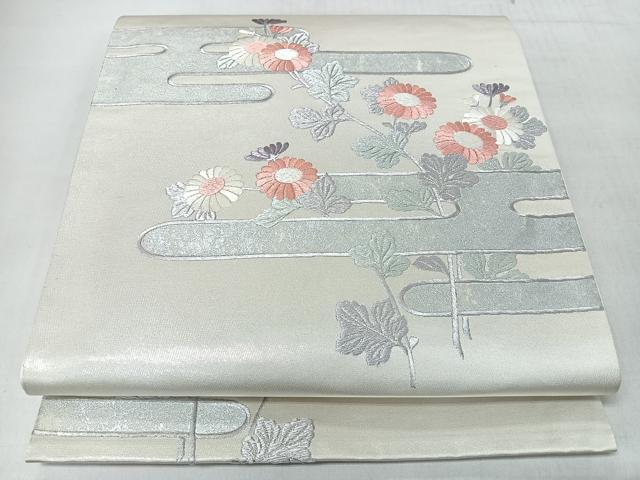 平和屋着物◎太鼓柄袋帯 刺繍 草花文 銀糸 正絹 逸品 CABJ7902nb