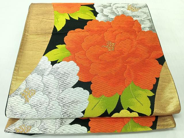 平和屋着物◎六通柄袋帯 唐織 牡丹 黒地 金銀糸 正絹 逸品 CABJ7928nb