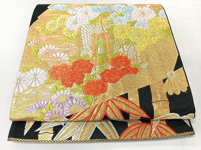 平和屋着物◎六通柄袋帯 唐織 檜扇御所車花文 竹 黒地 金銀糸 正絹 逸品 CABJ7930nb