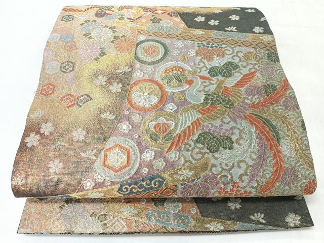 平和屋着物◎全通柄袋帯 彩雅錦 几帳草花鳳凰文 金糸 正絹 逸品 CABJ7941nb
