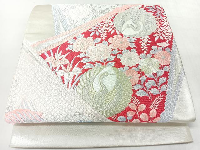 平和屋着物◎六通柄袋帯 唐織 切嵌花鳥文 鶴 金銀糸 正絹 逸品 CABJ7944nb