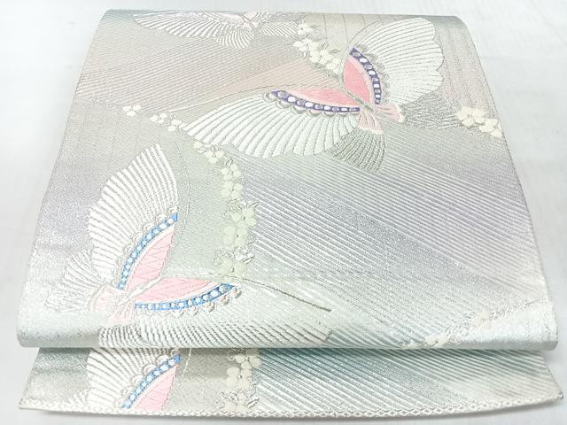 平和屋着物◎六通柄袋帯 唐織 舞蝶文 銀糸 正絹 逸品 CABJ7959nb