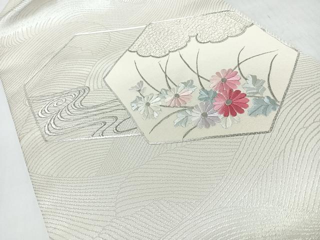 平和屋着物◎九寸名古屋帯 駒刺繍 流水草花文 銀糸 正絹 逸品 CABJ7980nb