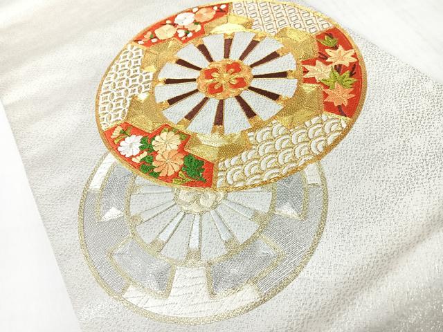 平和屋着物◎九寸名古屋帯 総刺繍 駒刺繍 源氏車 金銀糸 正絹 逸品 CABJ7990nb
