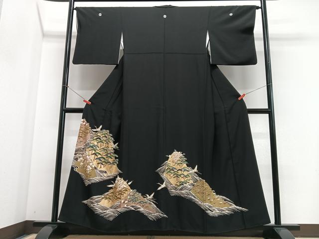 平和屋着物■豪華黒留袖 駒刺繍 飛鶴浜松文 金彩 正絹 逸品 CABJ8015xe