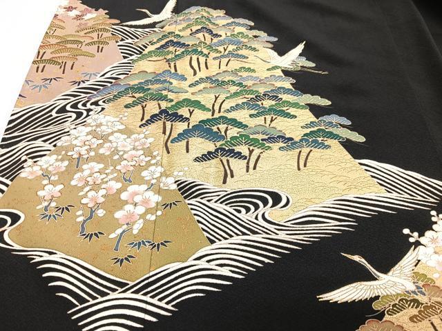平和屋着物■豪華黒留袖 駒刺繍 飛鶴浜松文 金彩 正絹 逸品 CABJ8015xe