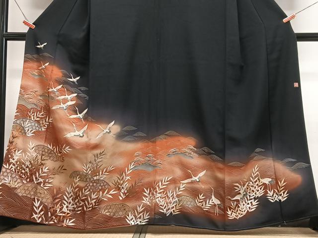 平和屋着物■十日町友禅作家 龍谷 黒留袖 飛鶴立波文 暈し染め 金彩 正絹 逸品 CABJ8024xe