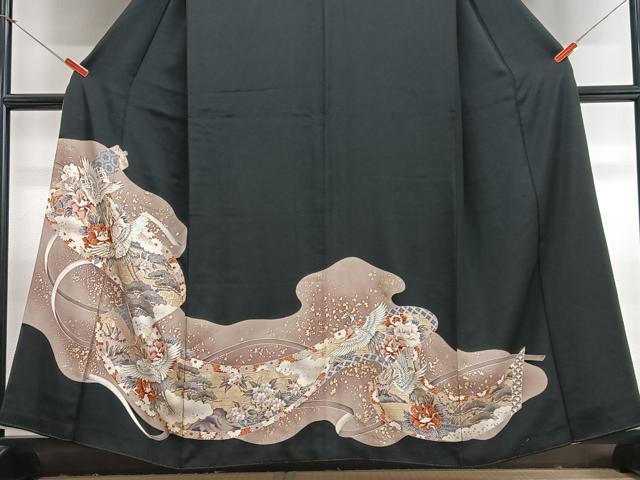 平和屋着物■豪華黒留袖 駒刺繍 飛鶴吉祥花文 金彩 正絹 逸品 CABJ8046xe