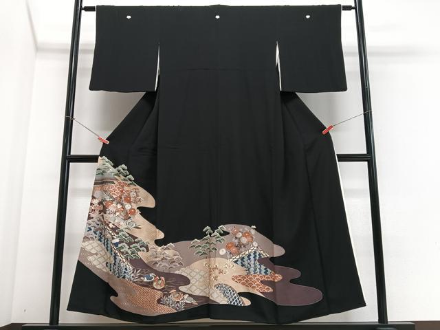 平和屋着物■豪華黒留袖 駒刺繍 鴛鴦風景松文 金彩 正絹 逸品 CABJ8047xe